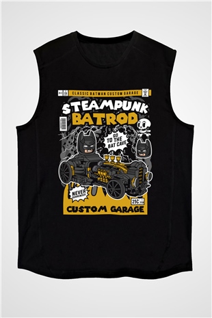 Steampunk BatRod Baskılı Unisex Siyah Kolsuz Tişört