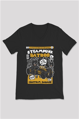 Steampunk BatRod Baskılı Unisex Siyah V Yaka Tişört