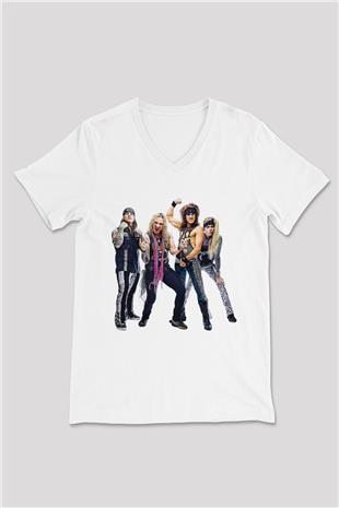 Steel Panther Baskılı Beyaz Unisex V Yaka Tişört - Tshirt