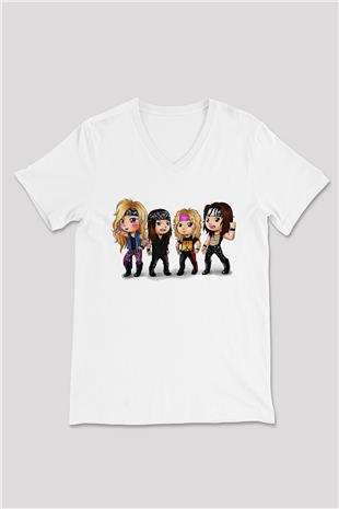 Steel Panther Baskılı Beyaz Unisex V Yaka Tişört - Tshirt
