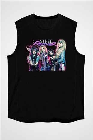 Steel Panther Baskılı Unisex Siyah Kolsuz Tişört - Tshirt