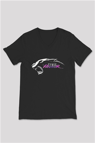 Steel Panther Baskılı Unisex Siyah V Yaka Tişört - Tshirt