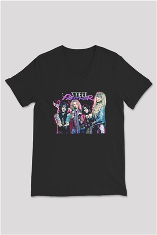 Steel Panther Baskılı Unisex Siyah V Yaka Tişört - Tshirt