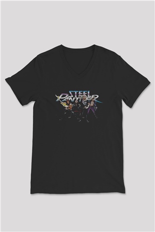 Steel Panther Baskılı Unisex Siyah V Yaka Tişört - Tshirt