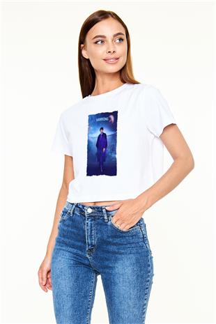 Stephen Hawking Baskılı Kadın Crop Top Beyaz Tişört