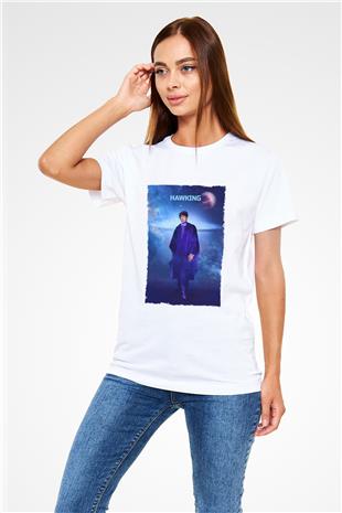 Stephen Hawking Baskılı Unisex Beyaz Tişört - Tshirt