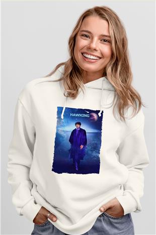 Stephen Hawking Baskılı Unisex Ekru Hoodie