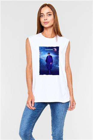 Stephen Hawking Baskılı Unisex Kolsuz Beyaz Tişört - Tshirt
