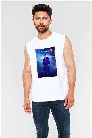 Stephen Hawking Baskılı Unisex Kolsuz Beyaz Tişört - Tshirt