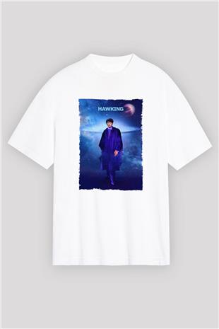 Stephen Hawking Baskılı Unisex Oversize Beyaz Tişört - Tshirt