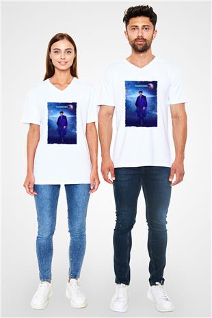 Stephen Hawking Baskılı Unisex V Yaka Beyaz Tişört - Tshirt
