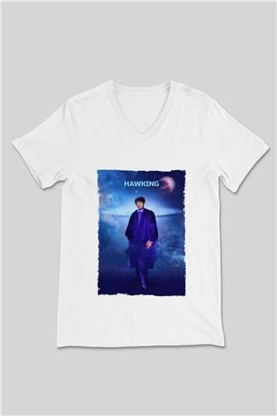 Stephen Hawking Baskılı Unisex V Yaka Beyaz Tişört - Tshirt