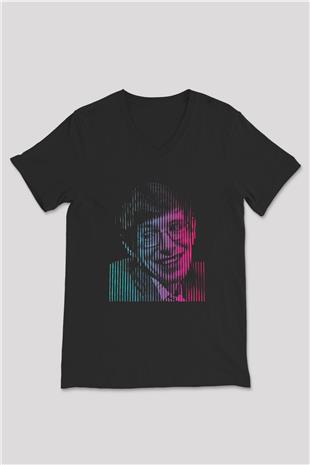 Stephen Hawking Renkli Portre Baskılı Unisex V Yaka Siyah Tİşört - Tshirt