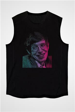 Stephen Hawking Renkli Portre Baskılı Unisex Kolsuz Siyah Tişört - Tshirt