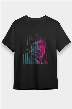 Stephen Hawking Renkli Portre Baskılı Unisex Siyah Tişört - Tshirt