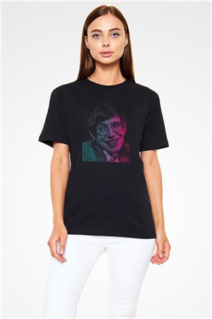 Stephen Hawking Renkli Portre Baskılı Unisex Siyah Tişört - Tshirt