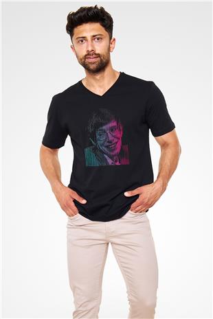 Stephen Hawking Renkli Portre Baskılı Unisex V Yaka Siyah Tİşört - Tshirt