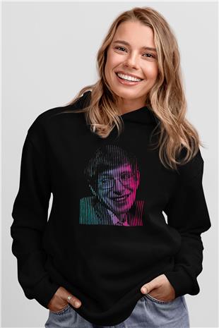 Stephen Hawking Renkli Portre Baskılı Unisex Siyah Kapüşonlu Sweatshirt
