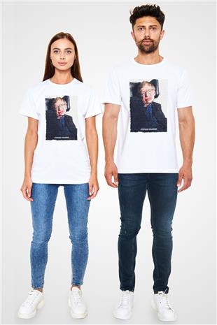 Stephen Hawking Yazılı Portre Baskılı Unisex Beyaz Tişört - Tshirt