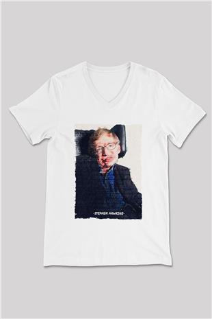 Stephen Hawking Yazılı Portre Baskılı Unisex V Yaka Beyaz Tişört - Tshirt