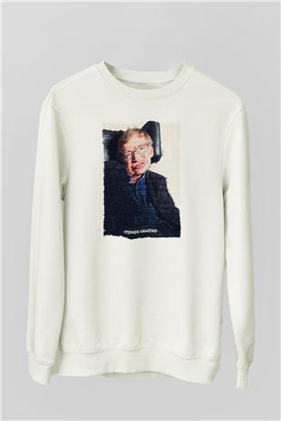 Stephen Hawking Yazılı Portre Baskılı Unisex Ekru Sweatshirt