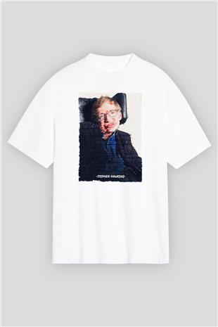 Stephen Hawking Yazılı Portre Baskılı Unisex Oversize Beyaz Tişört - Tshirt