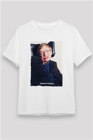 Stephen Hawking Yazılı Portre Baskılı Unisex Beyaz Tişört - Tshirt