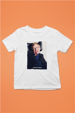 Stephen Hawking Yazılı Portre Baskılı Unisex Beyaz Çocuk Tişörtü - Tshirt
