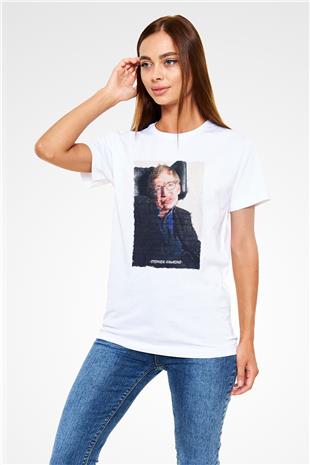 Stephen Hawking Yazılı Portre Baskılı Unisex Beyaz Tişört - Tshirt