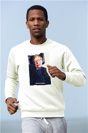 Stephen Hawking Yazılı Portre Baskılı Unisex Ekru Sweatshirt