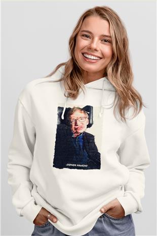 Stephen Hawking Yazılı Portre Baskılı Unisex Ekru Hoodie