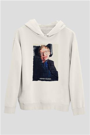 Stephen Hawking Yazılı Portre Baskılı Unisex Ekru Hoodie