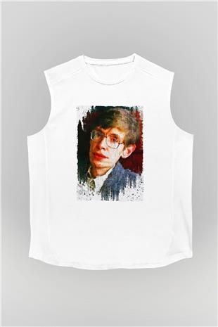 Stephen William Hawking Baskılı Unisex Kolsuz Beyaz Tişört - Tshirt