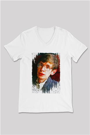 Stephen William Hawking Baskılı Unisex V Yaka Beyaz Tişört - Tshirt