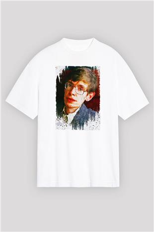 Stephen William Hawking Baskılı Unisex Oversize Beyaz Tişört - Tshirt