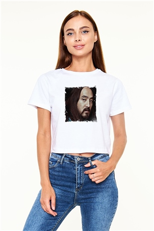 Steve Aoki Baskılı Beyaz Kadın Crop Top Tişört