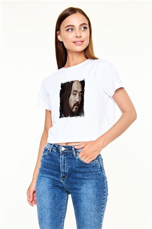 Steve Aoki Baskılı Beyaz Kadın Crop Top Tişört