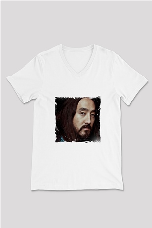 Steve Aoki Baskılı Beyaz V Yaka Unisex Tişört