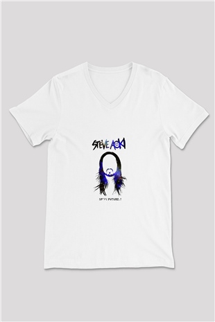 Steve Aoki Baskılı Beyaz V Yaka Unisex Tişört
