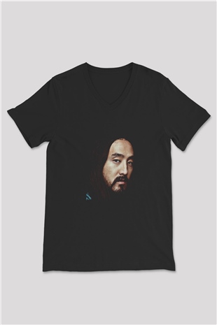 Steve Aoki Baskılı Unisex Siyah V Yaka Tişört