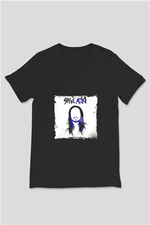 Steve Aoki Baskılı Unisex Siyah V Yaka Tişört