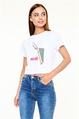 Steve Aoki Beyaz Croptop Tişört