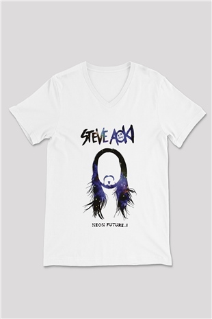 Steve Aoki Beyaz Unisex V Yaka Tişört