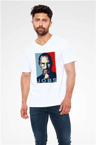 Steve Jobs Beyaz Unisex V Yaka Tişört T-Shirt