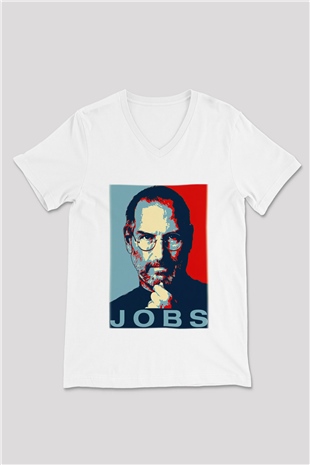 Steve Jobs Beyaz Unisex V Yaka Tişört T-Shirt
