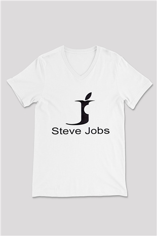 Steve Jobs Beyaz Unisex V Yaka Tişört T-Shirt