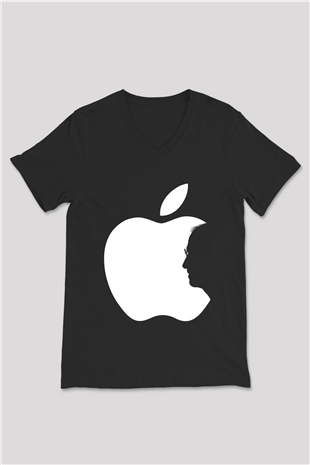 Steve Jobs Siyah Unisex V Yaka Tişört T-Shirt