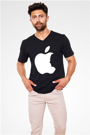 Steve Jobs Siyah Unisex V Yaka Tişört T-Shirt