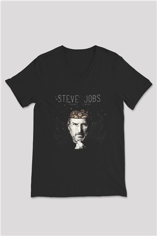 Steve Jobs Siyah Unisex V Yaka Tişört T-Shirt