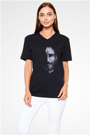 Steve Jobs Siyah Unisex V Yaka Tişört